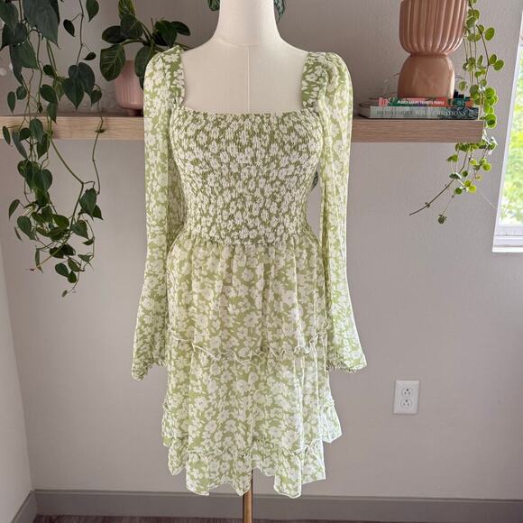 Lulus Green Floral Smocked Tiered Long Sleeve Mini Dress M Coquette Cottage - Picture 1 of 8